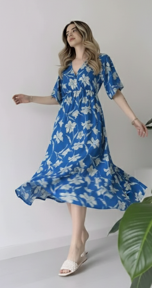EthniFlair Floral Print Wrap Midi Dress