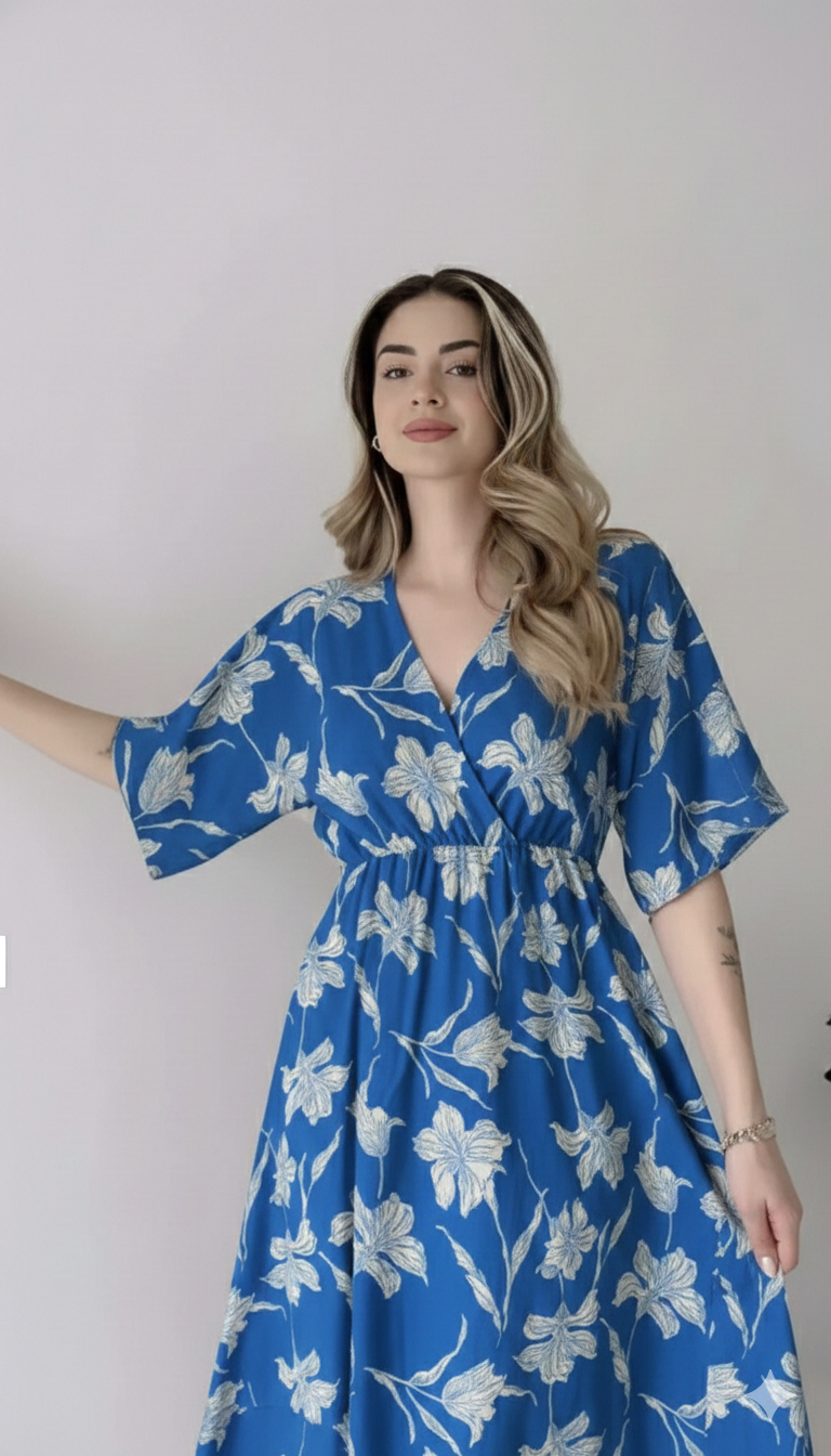 EthniFlair Floral Print Wrap Midi Dress