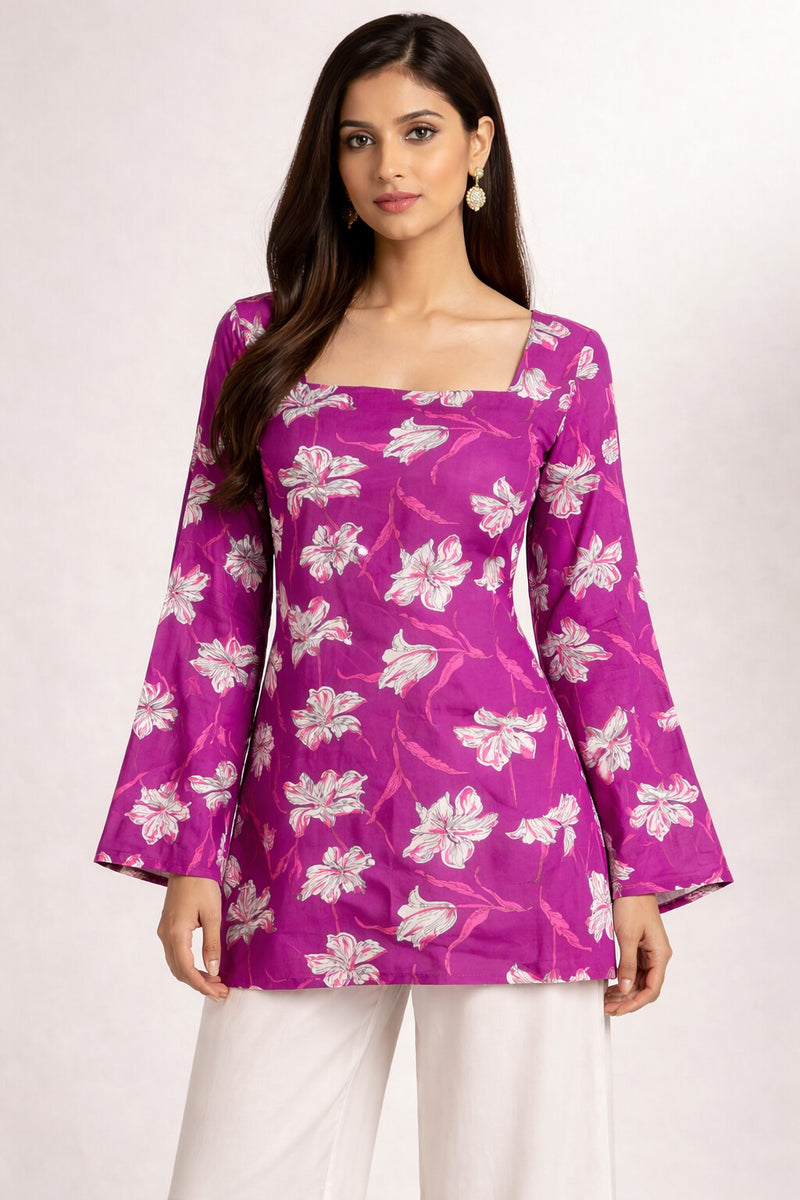 Women Purple Rayon Printed Flared Sleeve Back tie-up Kurti