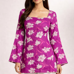 Women Purple Rayon Printed Flared Sleeve Back tie-up Kurti