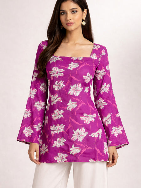 Women Purple Rayon Printed Flared Sleeve Back tie-up Kurti