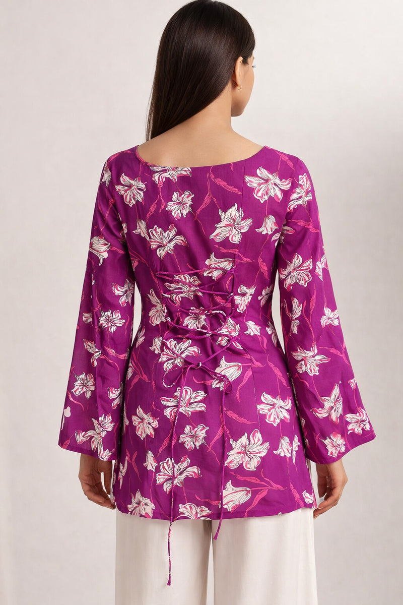 Women Purple Rayon Printed Flared Sleeve Back tie-up Kurti
