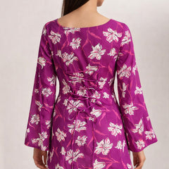 Women Purple Rayon Printed Flared Sleeve Back tie-up Kurti