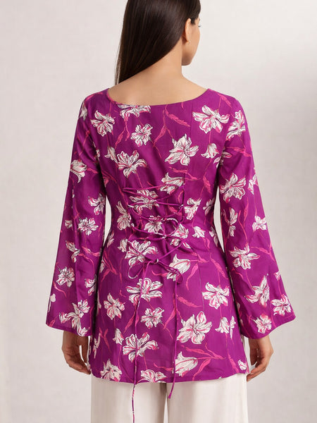 Women Purple Rayon Printed Flared Sleeve Back tie-up Kurti