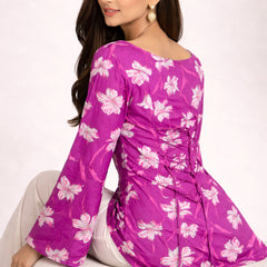 Women Purple Rayon Printed Flared Sleeve Back tie-up Kurti