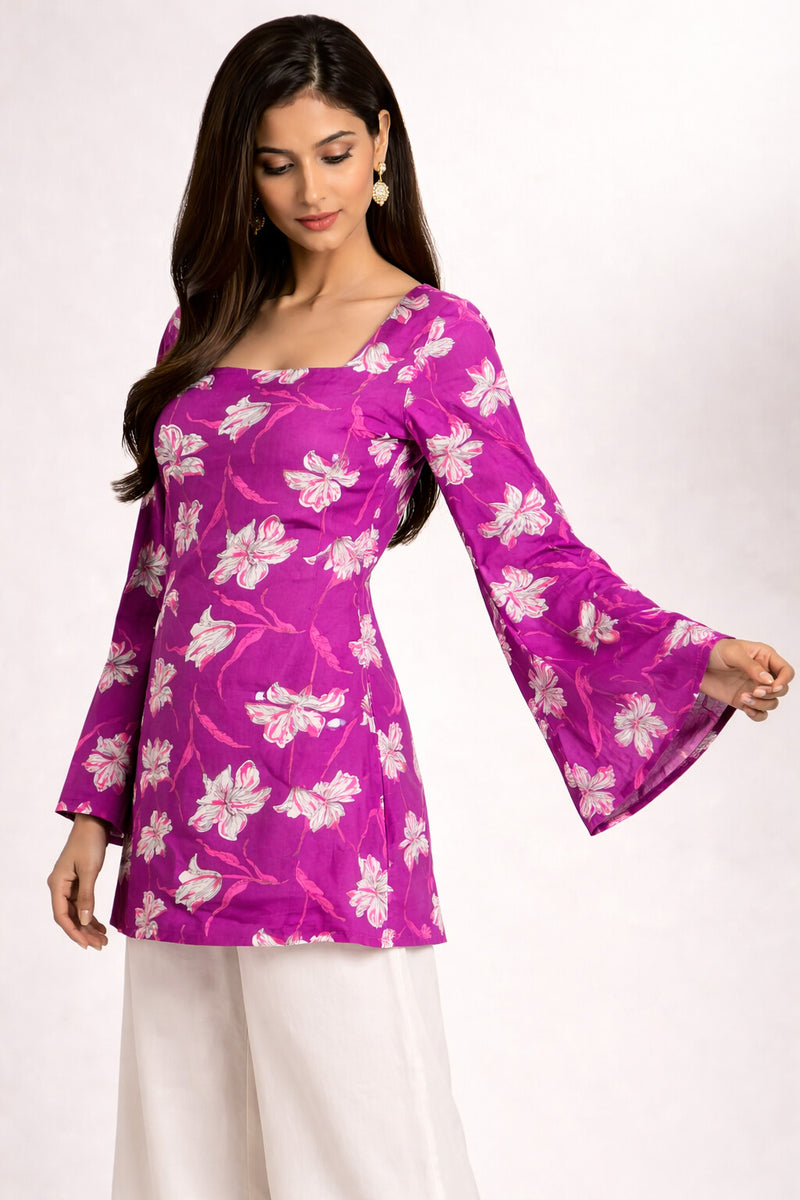 Women Purple Rayon Printed Flared Sleeve Back tie-up Kurti