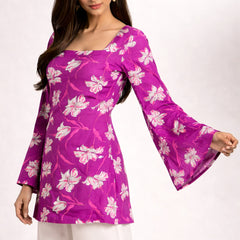 Women Purple Rayon Printed Flared Sleeve Back tie-up Kurti