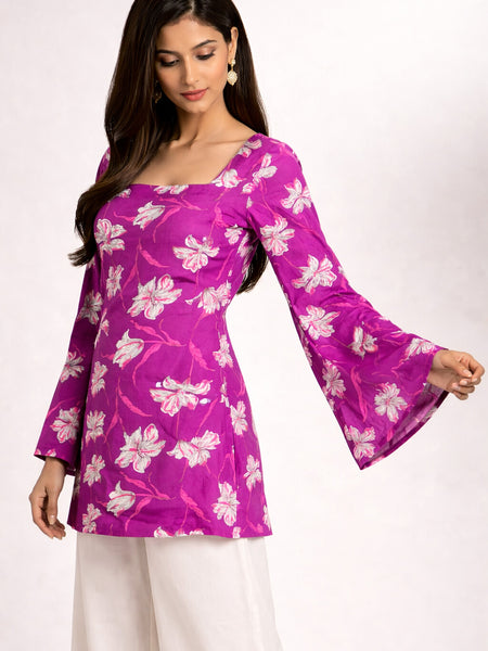 Women Purple Rayon Printed Flared Sleeve Back tie-up Kurti