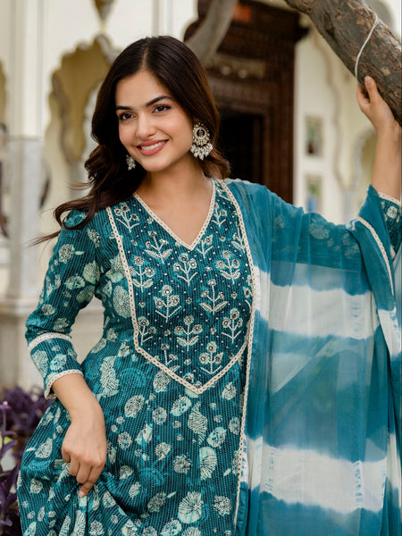 EthniFlair Ethnic Motifs Embroidered Kurta with Pyjamas & Dupatta