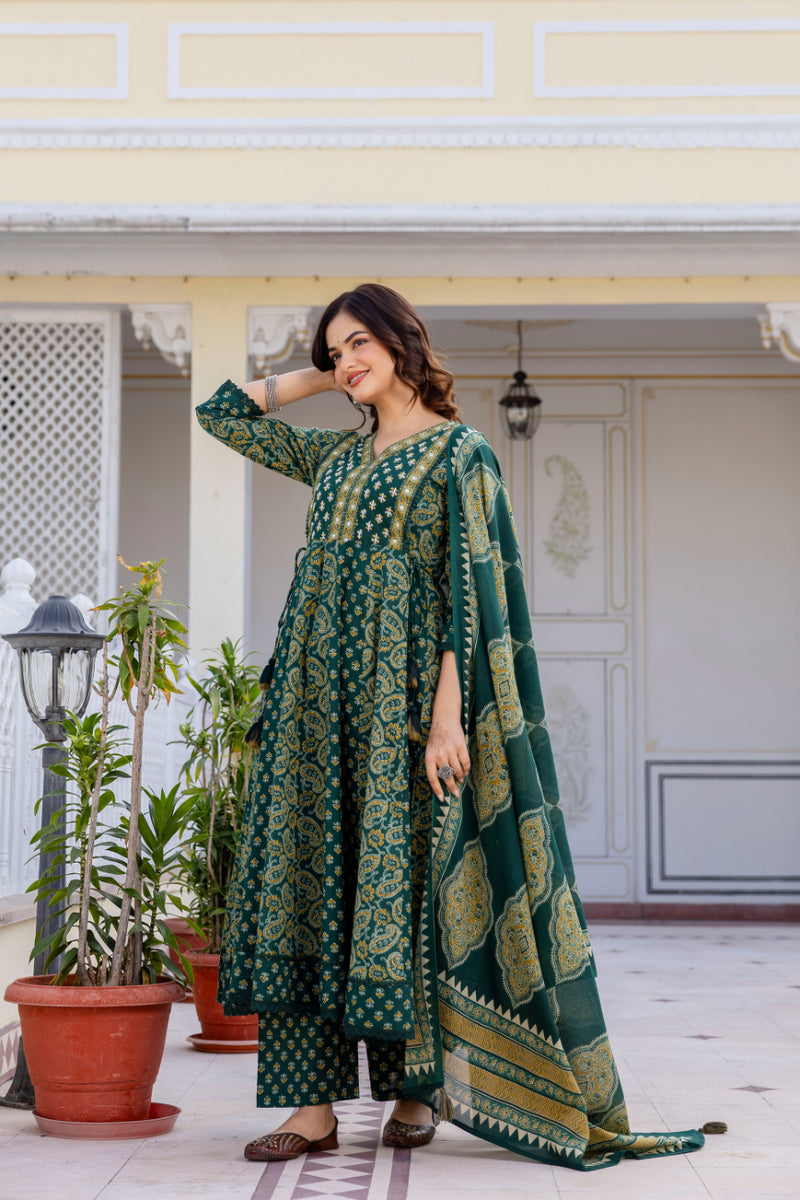 Women Floral Printed Panelled Embroidered Pure Cotton Kurta with Trousers & Dupatta