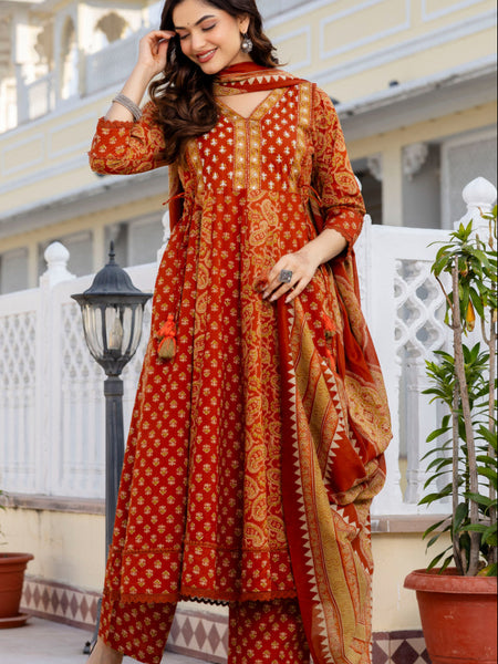 Women Floral Printed Panelled Pure Cotton Kurta with Trousers & Dupatta
