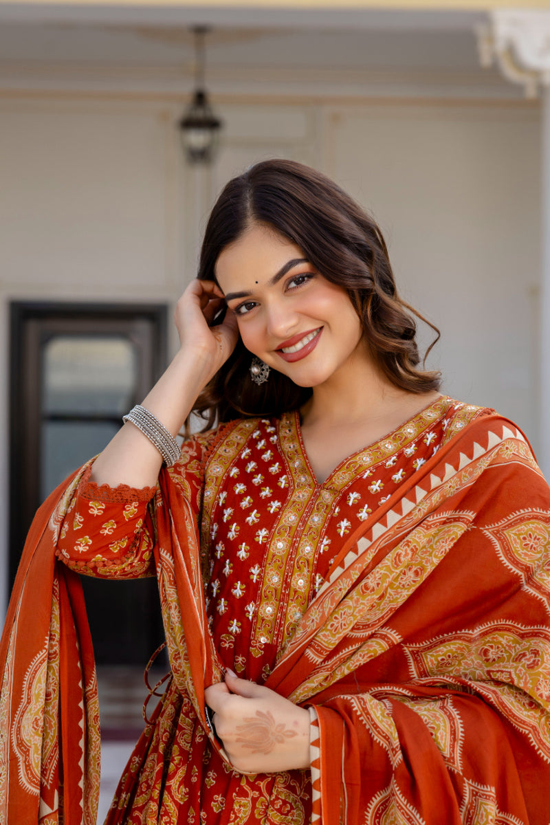 Women Floral Printed Panelled Pure Cotton Kurta with Trousers & Dupatta