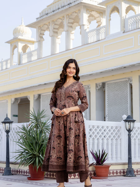 EthniFlair Women Ethnic Motifs Printed Regular Mirror Work Pure Cotton Kurta with Trousers & With Dupatta