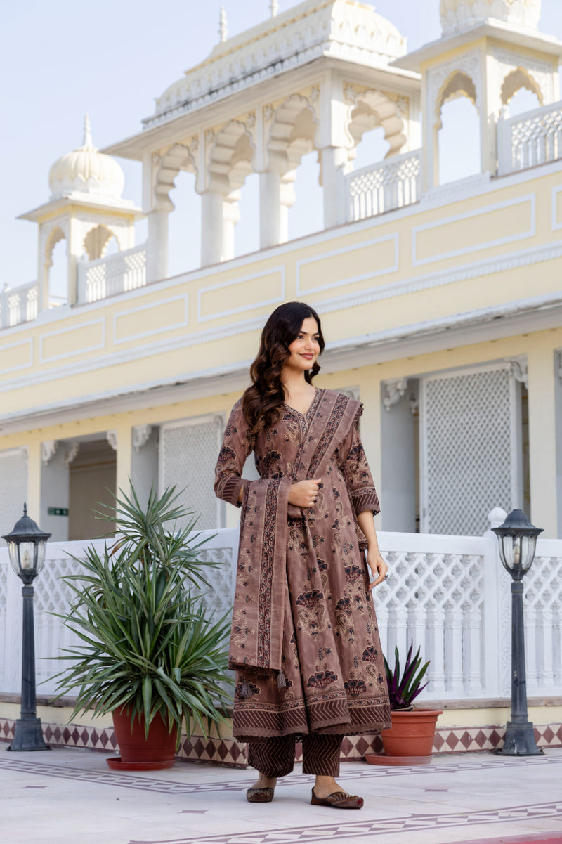 EthniFlair Women Ethnic Motifs Printed Regular Mirror Work Pure Cotton Kurta with Trousers & With Dupatta