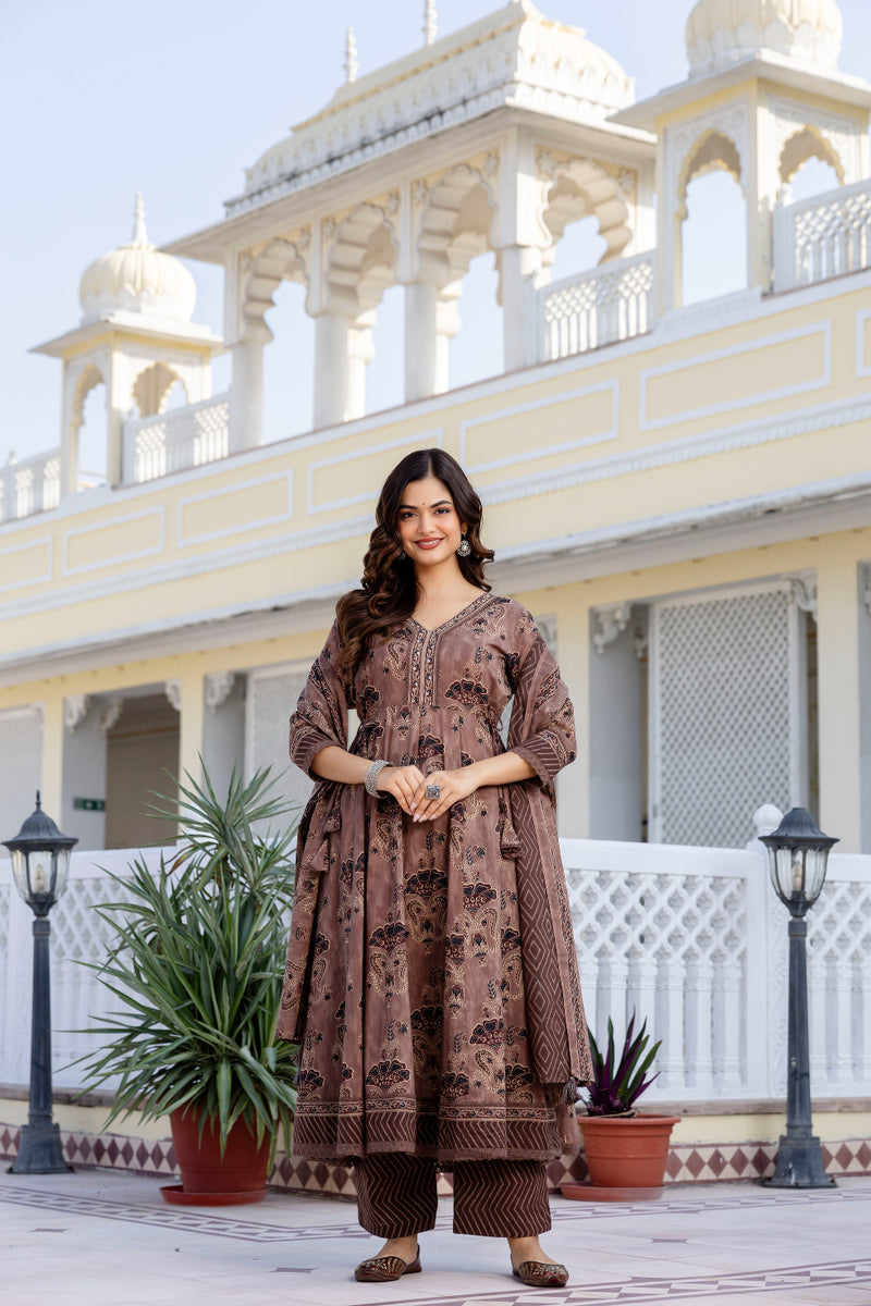 EthniFlair Women Ethnic Motifs Printed Regular Mirror Work Pure Cotton Kurta with Trousers & With Dupatta