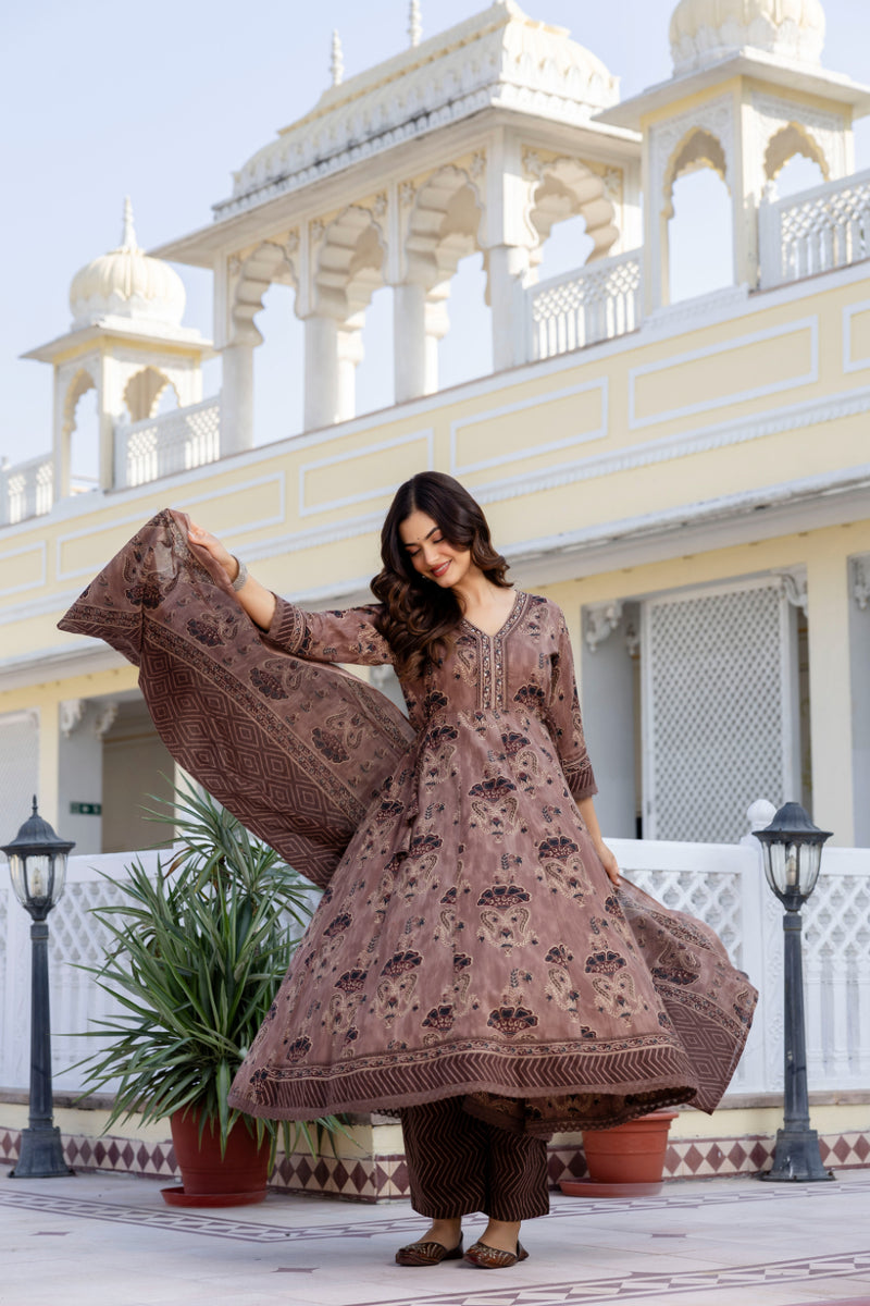 EthniFlair Women Ethnic Motifs Printed Regular Mirror Work Pure Cotton Kurta with Trousers & With Dupatta