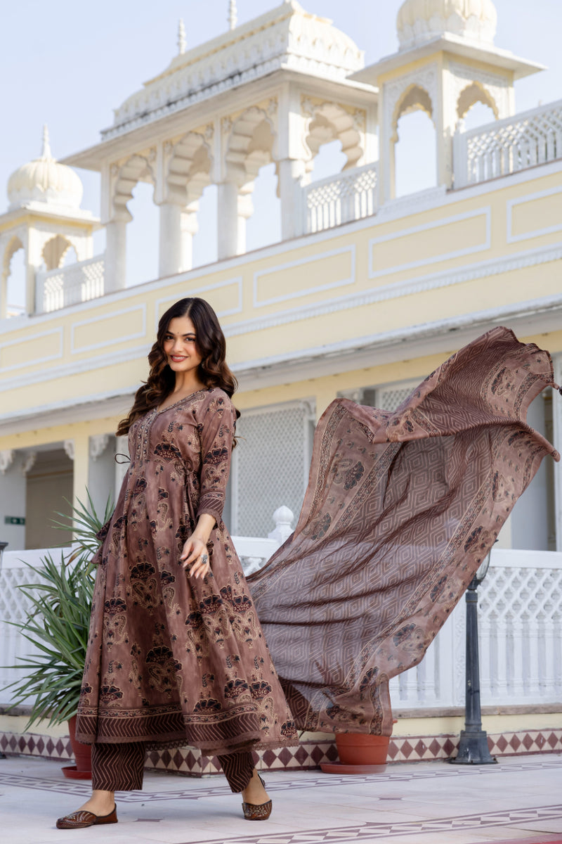 EthniFlair Women Ethnic Motifs Printed Regular Mirror Work Pure Cotton Kurta with Trousers & With Dupatta