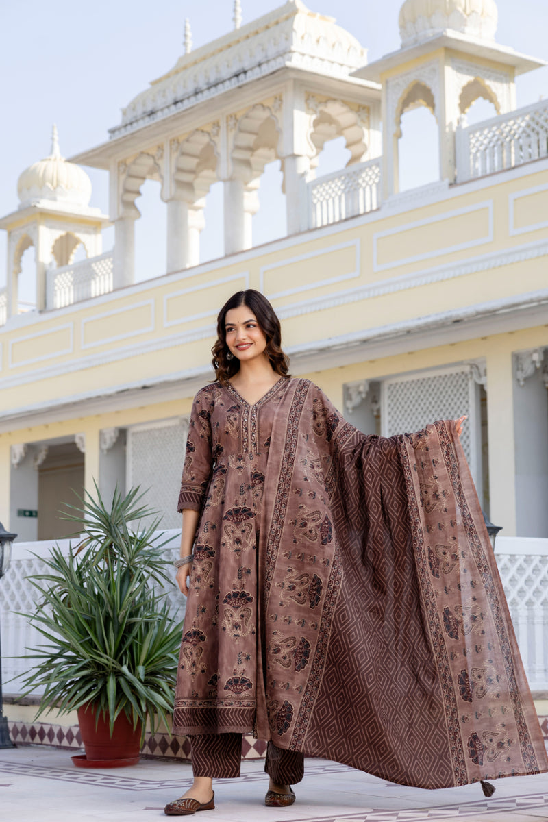 EthniFlair Women Ethnic Motifs Printed Regular Mirror Work Pure Cotton Kurta with Trousers & With Dupatta