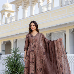 EthniFlair Women Ethnic Motifs Printed Regular Mirror Work Pure Cotton Kurta with Trousers & With Dupatta