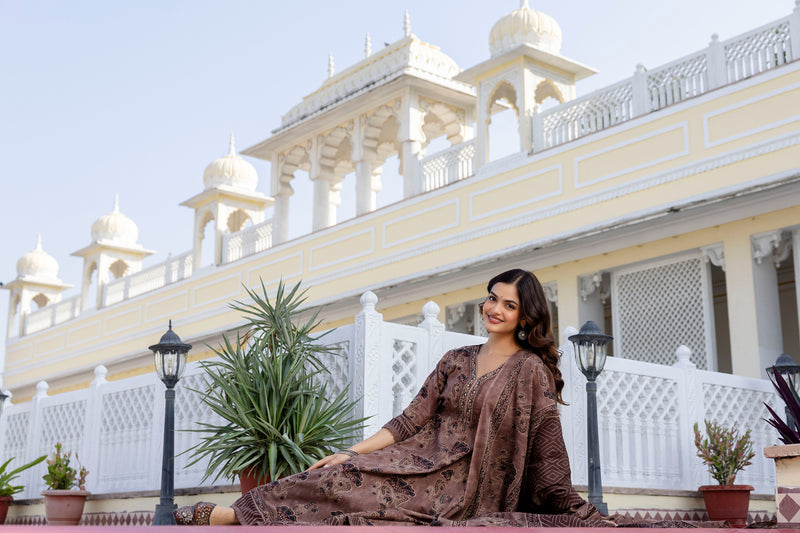 EthniFlair Women Ethnic Motifs Printed Regular Mirror Work Pure Cotton Kurta with Trousers & With Dupatta