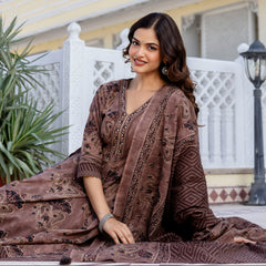 EthniFlair Women Ethnic Motifs Printed Regular Mirror Work Pure Cotton Kurta with Trousers & With Dupatta