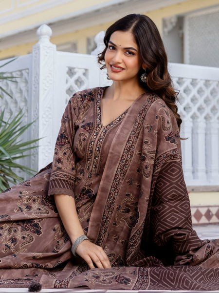 EthniFlair Women Ethnic Motifs Printed Regular Mirror Work Pure Cotton Kurta with Trousers & With Dupatta