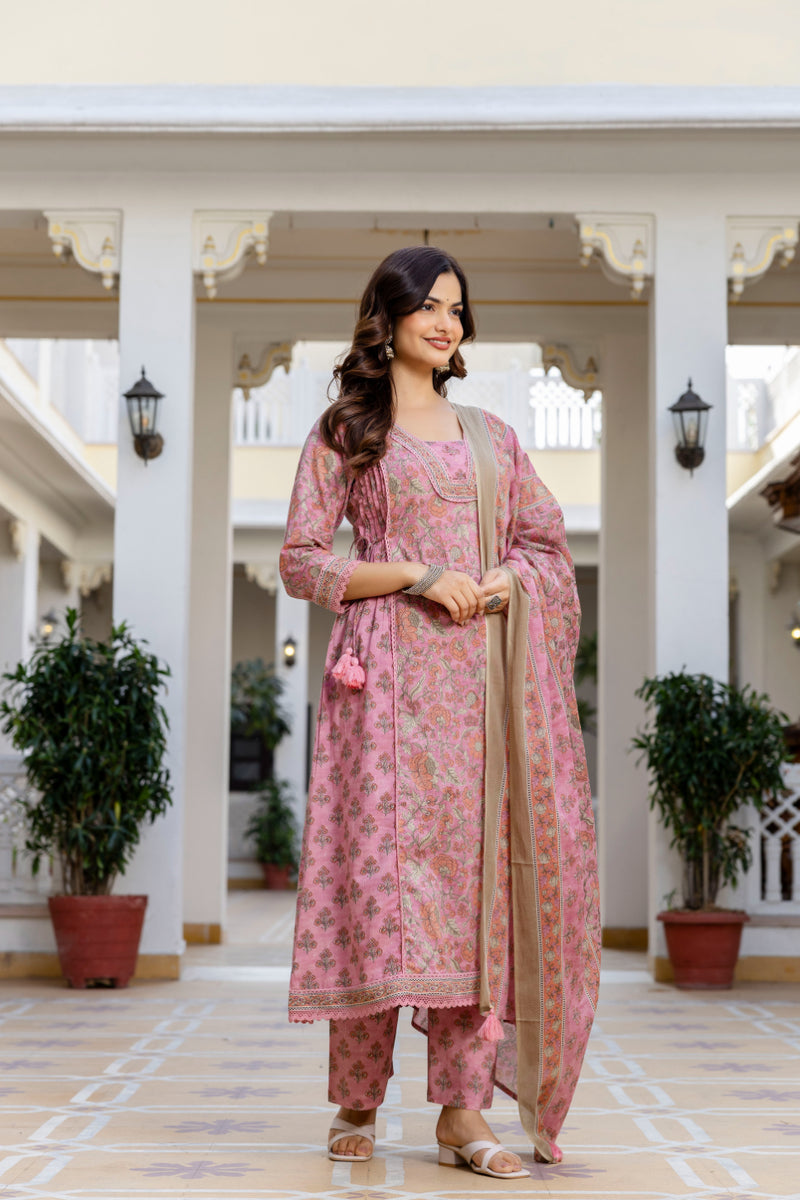 EthniFlair Women Ethnic Motifs Printed Regular Pure Cotton Kurta with Palazzos & With Dupatta