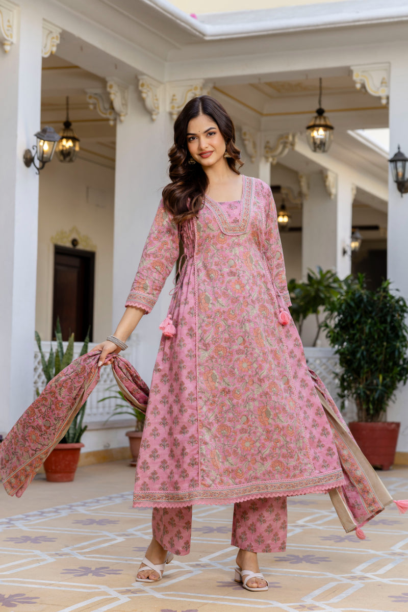 EthniFlair Women Ethnic Motifs Printed Regular Pure Cotton Kurta with Palazzos & With Dupatta