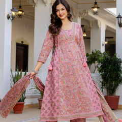 EthniFlair Women Ethnic Motifs Printed Regular Pure Cotton Kurta with Palazzos & With Dupatta