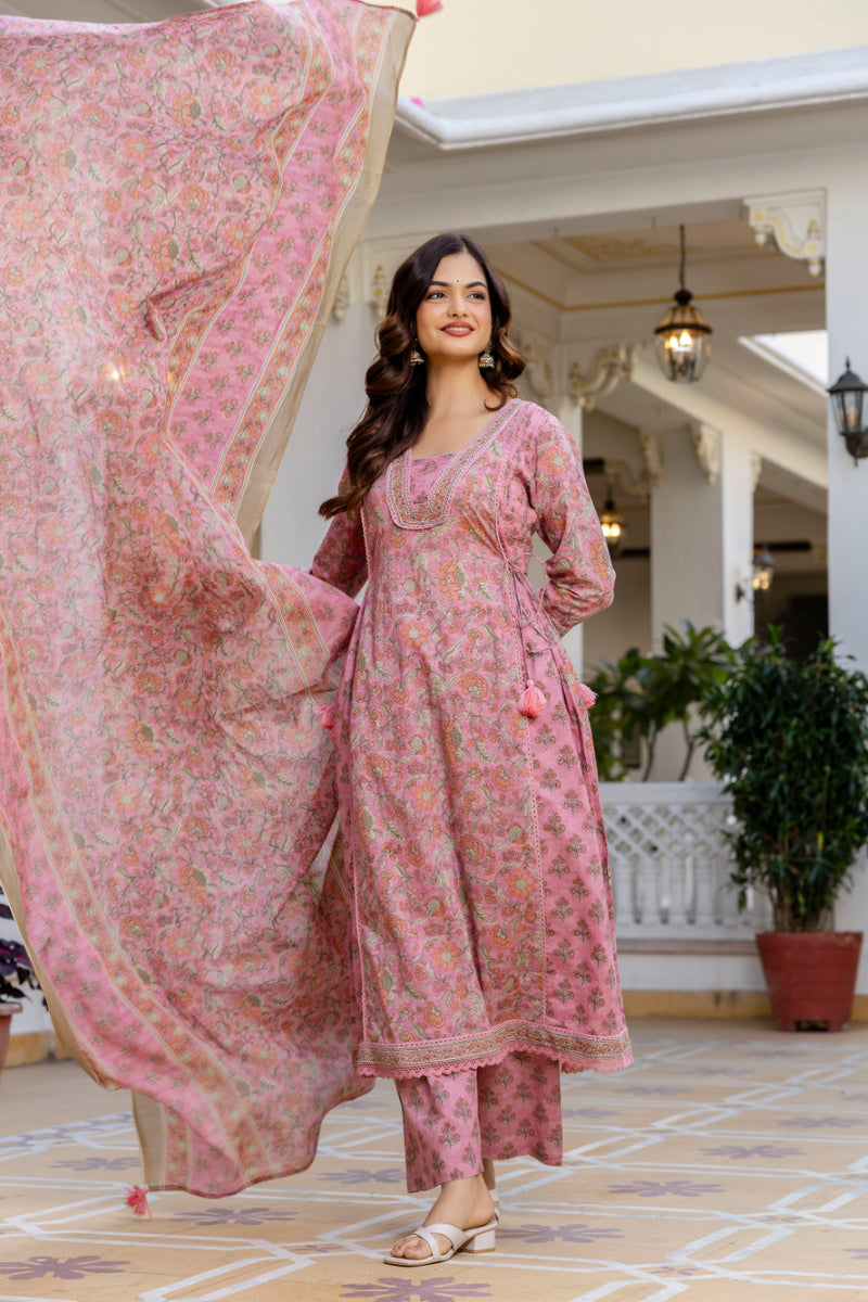 EthniFlair Women Ethnic Motifs Printed Regular Pure Cotton Kurta with Palazzos & With Dupatta