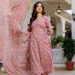 EthniFlair Women Ethnic Motifs Printed Regular Pure Cotton Kurta with Palazzos & With Dupatta