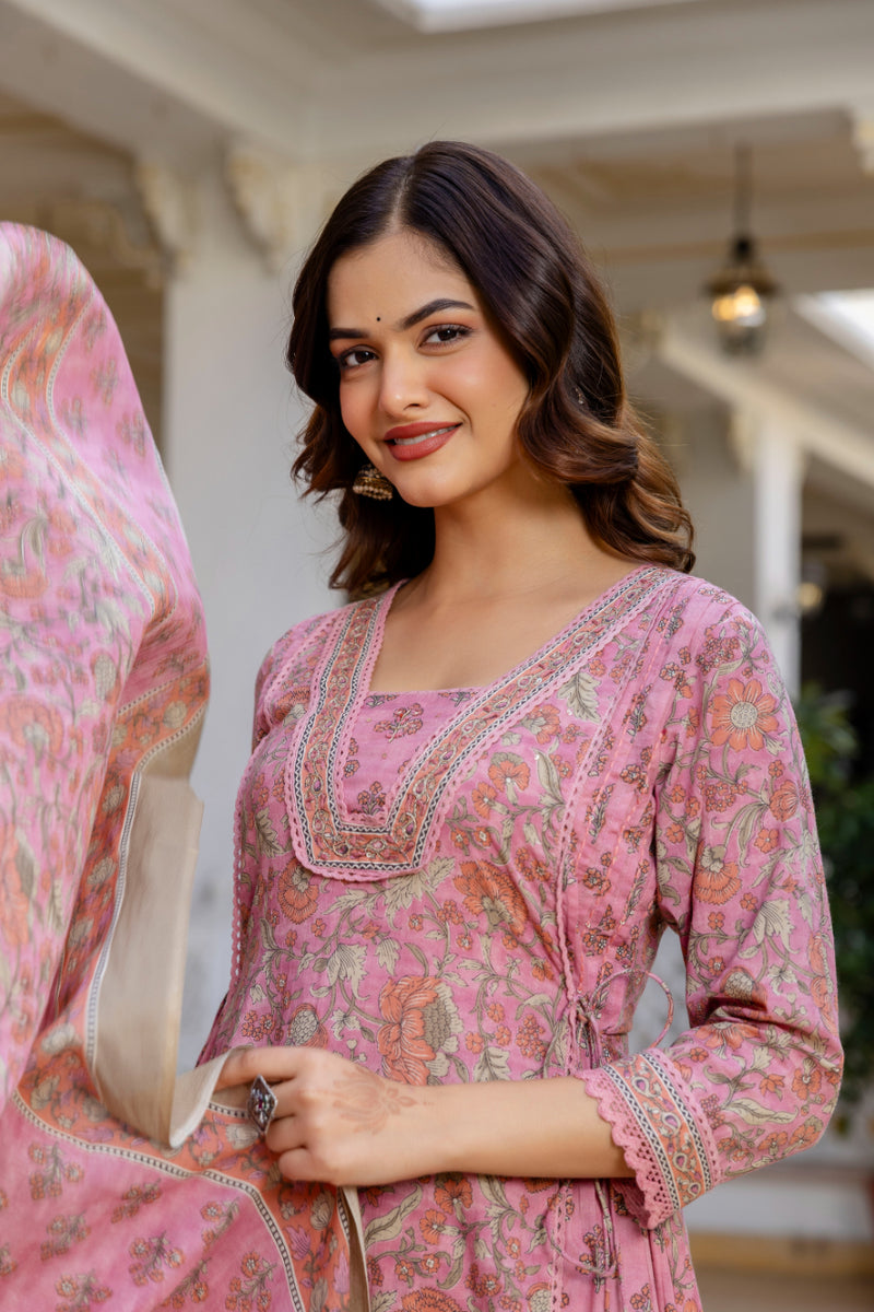 EthniFlair Women Ethnic Motifs Printed Regular Pure Cotton Kurta with Palazzos & With Dupatta