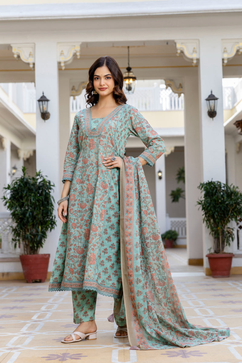 EthniFlair Women Ethnic Motifs Printed Regular Pure Cotton Kurta with Palazzos & With Dupatta