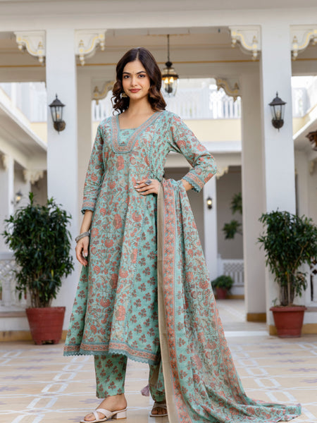 EthniFlair Women Ethnic Motifs Printed Regular Pure Cotton Kurta with Palazzos & With Dupatta