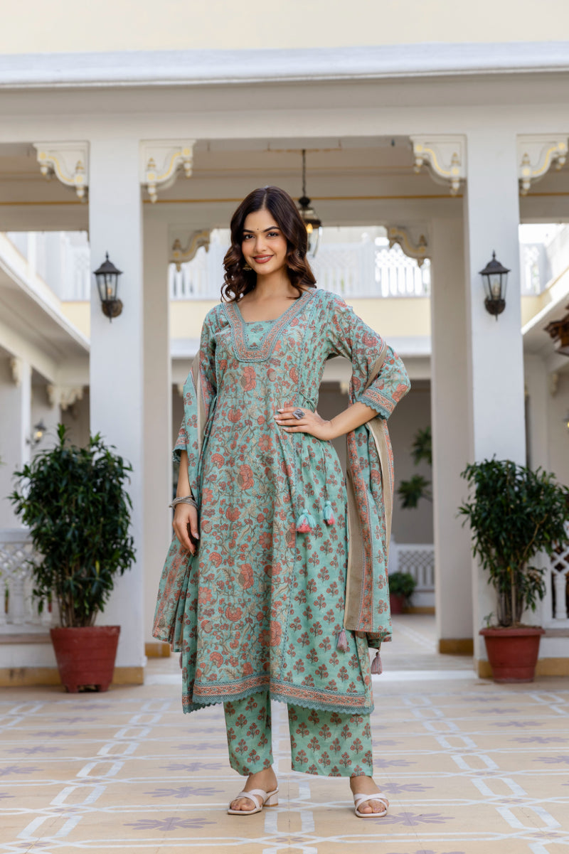 EthniFlair Women Ethnic Motifs Printed Regular Pure Cotton Kurta with Palazzos & With Dupatta