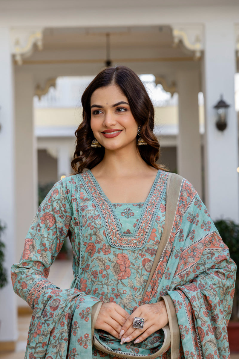 EthniFlair Women Ethnic Motifs Printed Regular Pure Cotton Kurta with Palazzos & With Dupatta