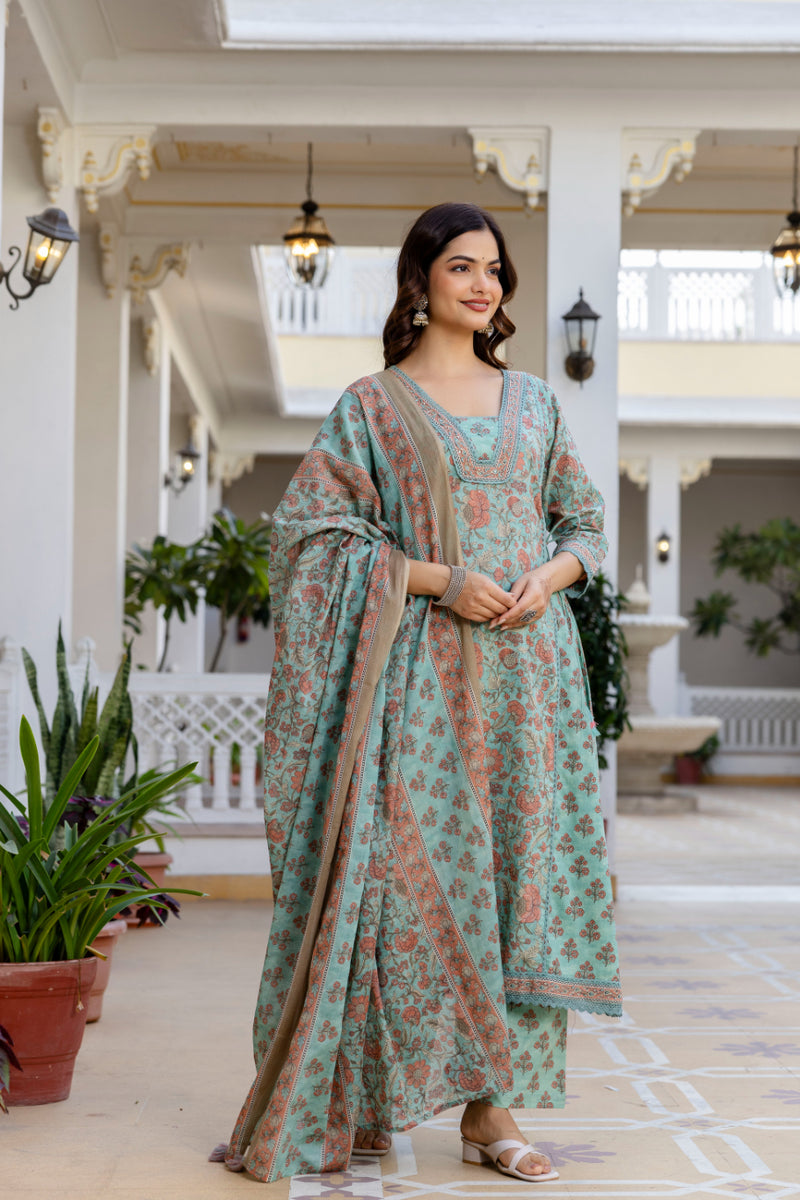 EthniFlair Women Ethnic Motifs Printed Regular Pure Cotton Kurta with Palazzos & With Dupatta