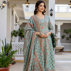 EthniFlair Women Ethnic Motifs Printed Regular Pure Cotton Kurta with Palazzos & With Dupatta