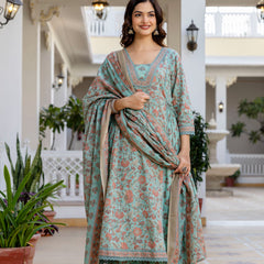 EthniFlair Women Ethnic Motifs Printed Regular Pure Cotton Kurta with Palazzos & With Dupatta