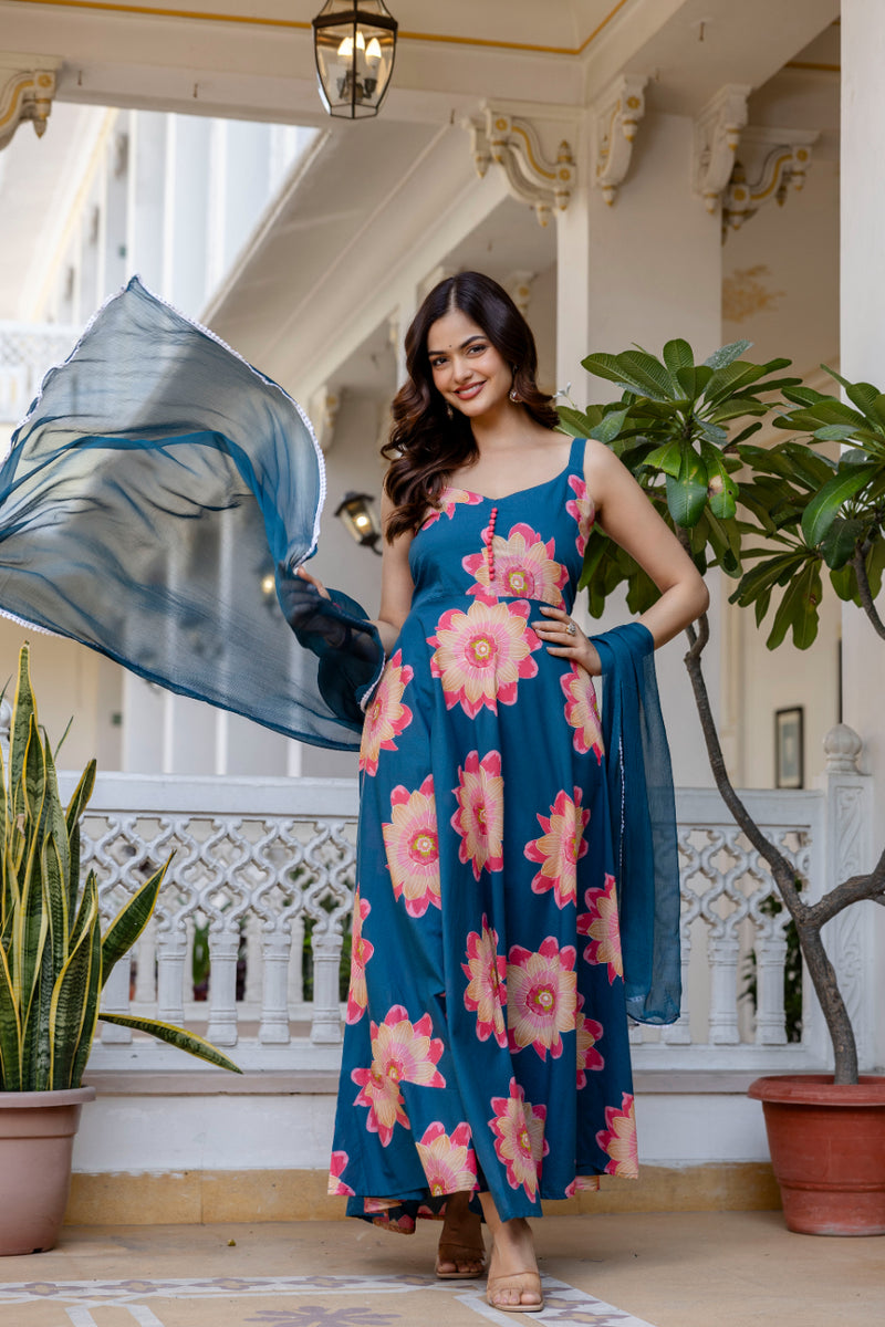Women Teal Cotton Anarkali Kurta with Dupatta