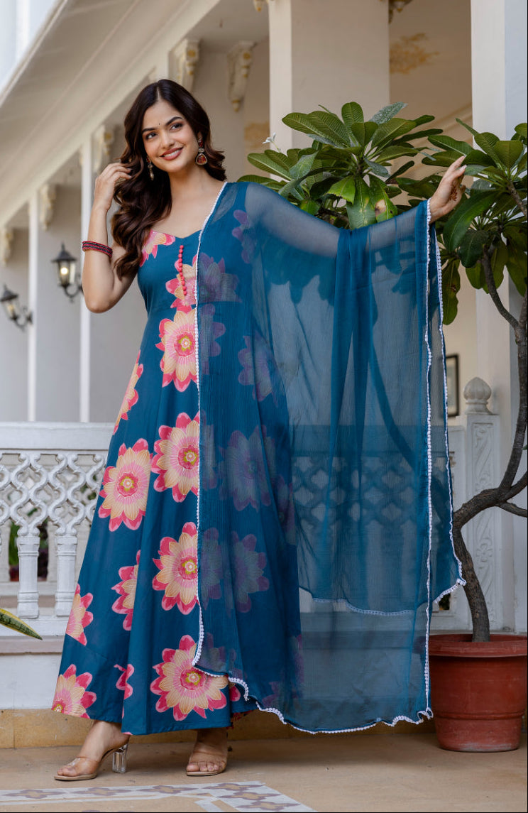 Women Teal Cotton Anarkali Kurta with Dupatta