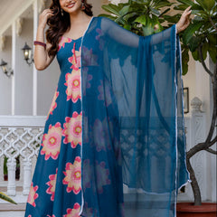 Women Teal Cotton Anarkali Kurta with Dupatta
