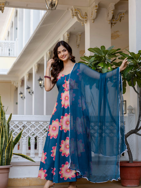 Women Teal Cotton Anarkali Kurta with Dupatta
