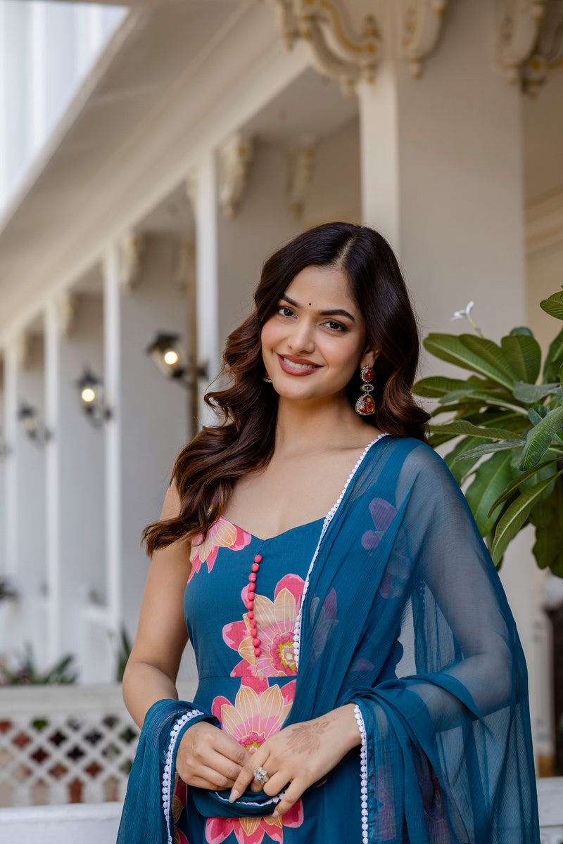 Women Teal Cotton Anarkali Kurta with Dupatta