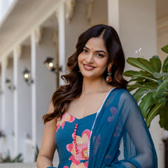 Women Teal Cotton Anarkali Kurta with Dupatta
