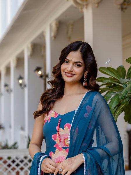 Women Teal Cotton Anarkali Kurta with Dupatta