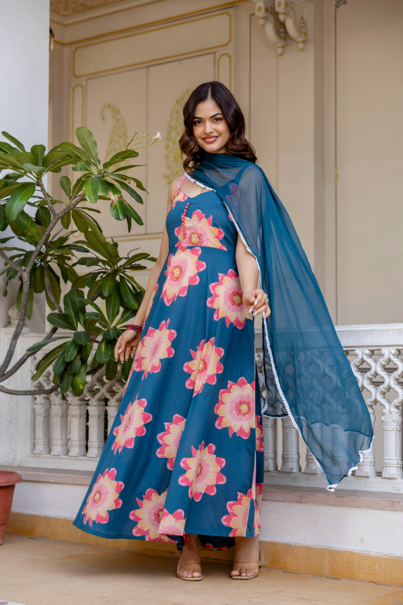 Women Teal Cotton Anarkali Kurta with Dupatta