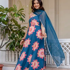 Women Teal Cotton Anarkali Kurta with Dupatta