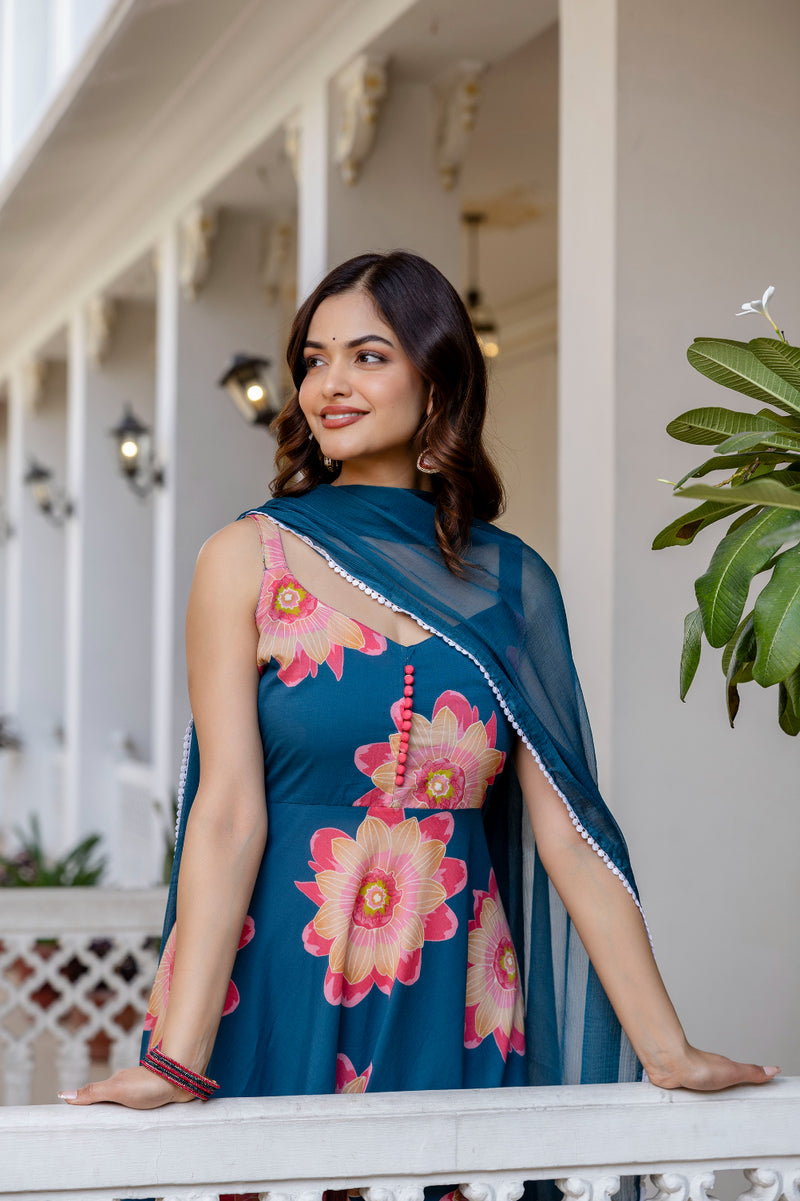 Women Teal Cotton Anarkali Kurta with Dupatta