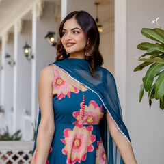 Women Teal Cotton Anarkali Kurta with Dupatta